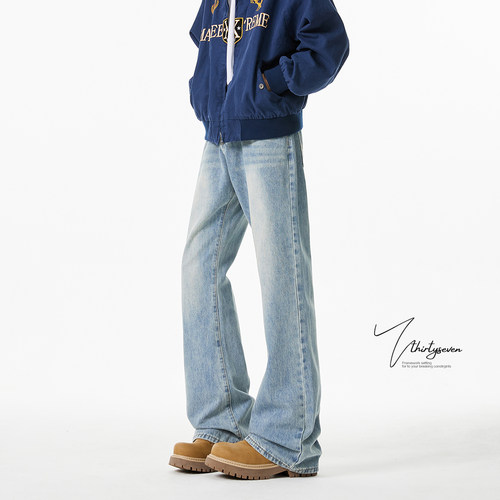 冰蓝色复古水洗牛仔裤男