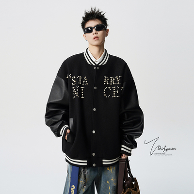 V37美式复古潮牌拼接钉珠夹克