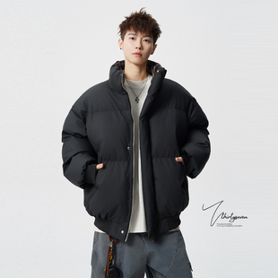 V37美式 加厚高街痞帅保暖棉衣外套 黑色撞色拼接立领面包服男冬季