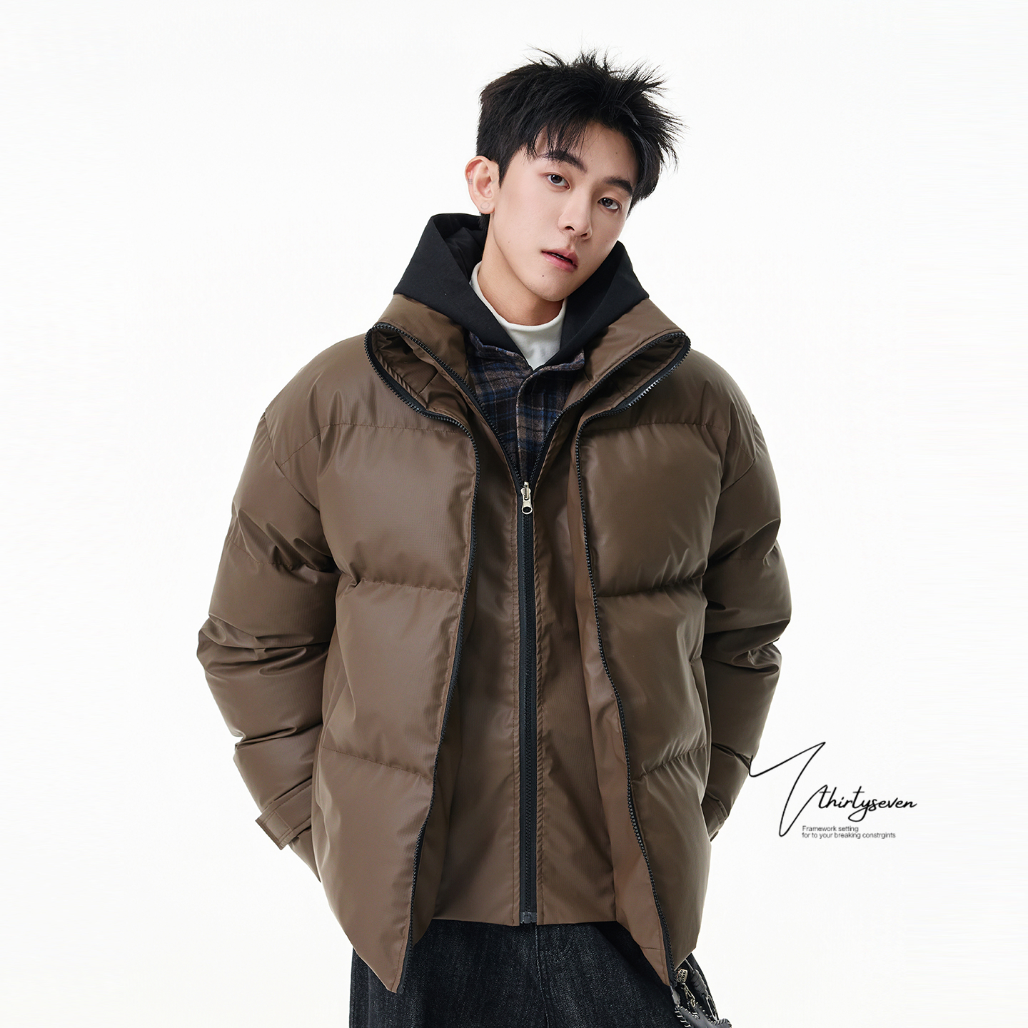 美式高级感痞帅假两件面包棉服男