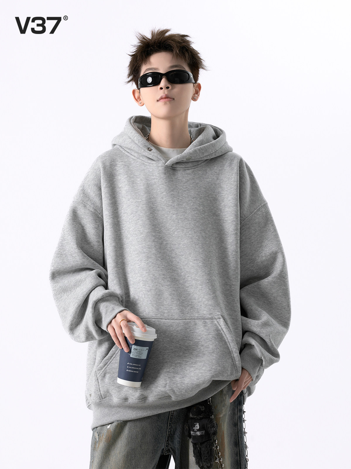 V37美式重磅覆古灰色连帽卫衣男款秋季潮牌街头宽松运动帽衫外套
