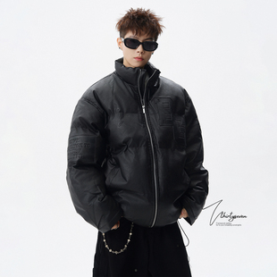 V37高级感痞帅压花字母PU皮棉服男冬季 潮牌三防加厚立领棉衣 美式