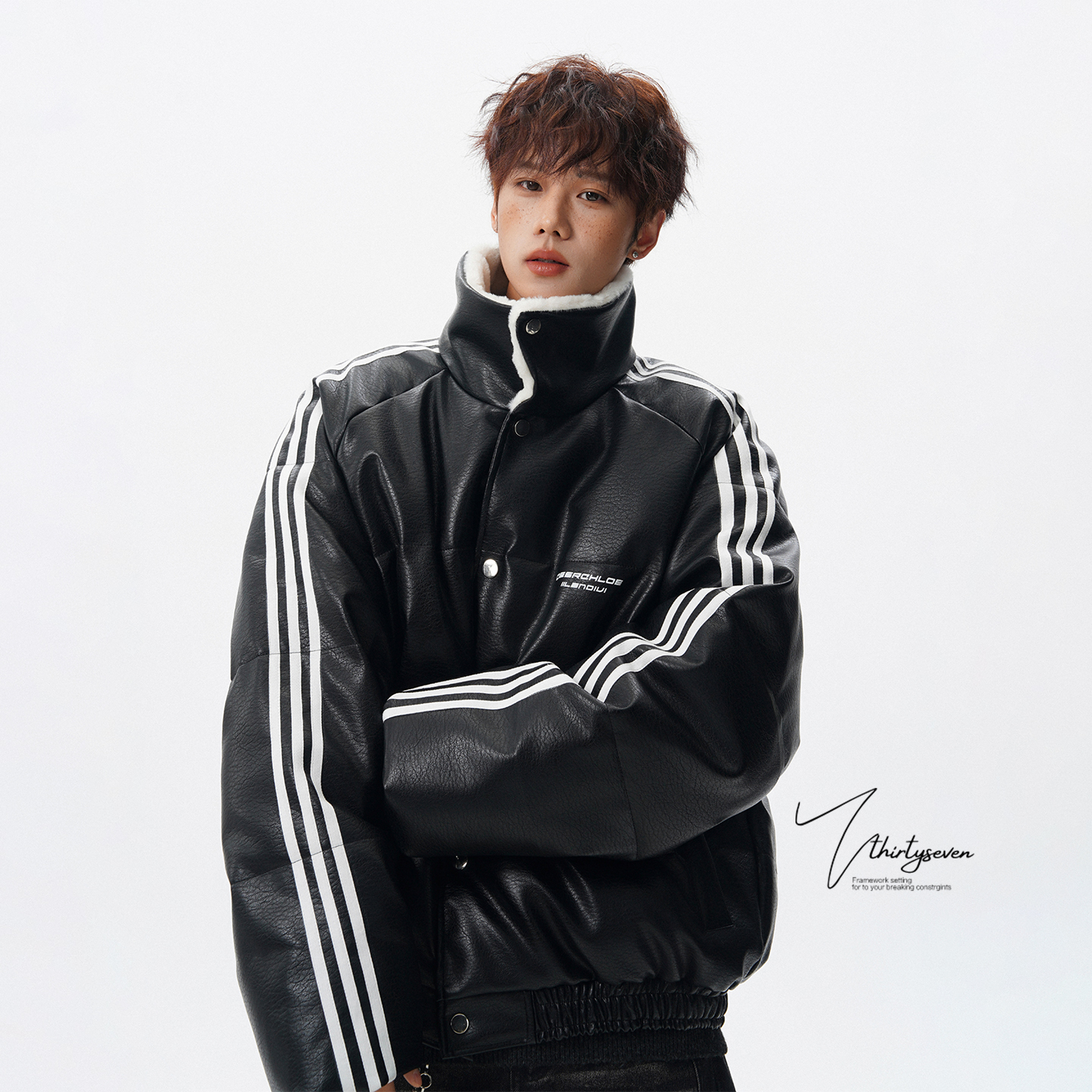 V37美式条纹拼接立领皮棉衣男冬高街潮牌面包服宽松保暖棉服外套