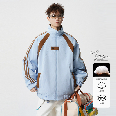 V37美式复古撞色插肩袖棉衣