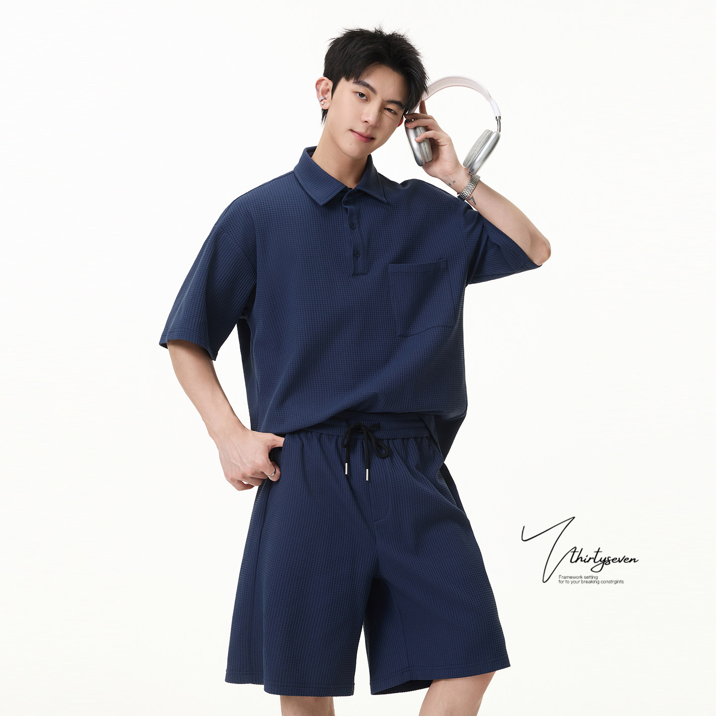 V37华夫格运动休闲套装男夏季肌理感短袖POLO衫宽松直筒五分短裤