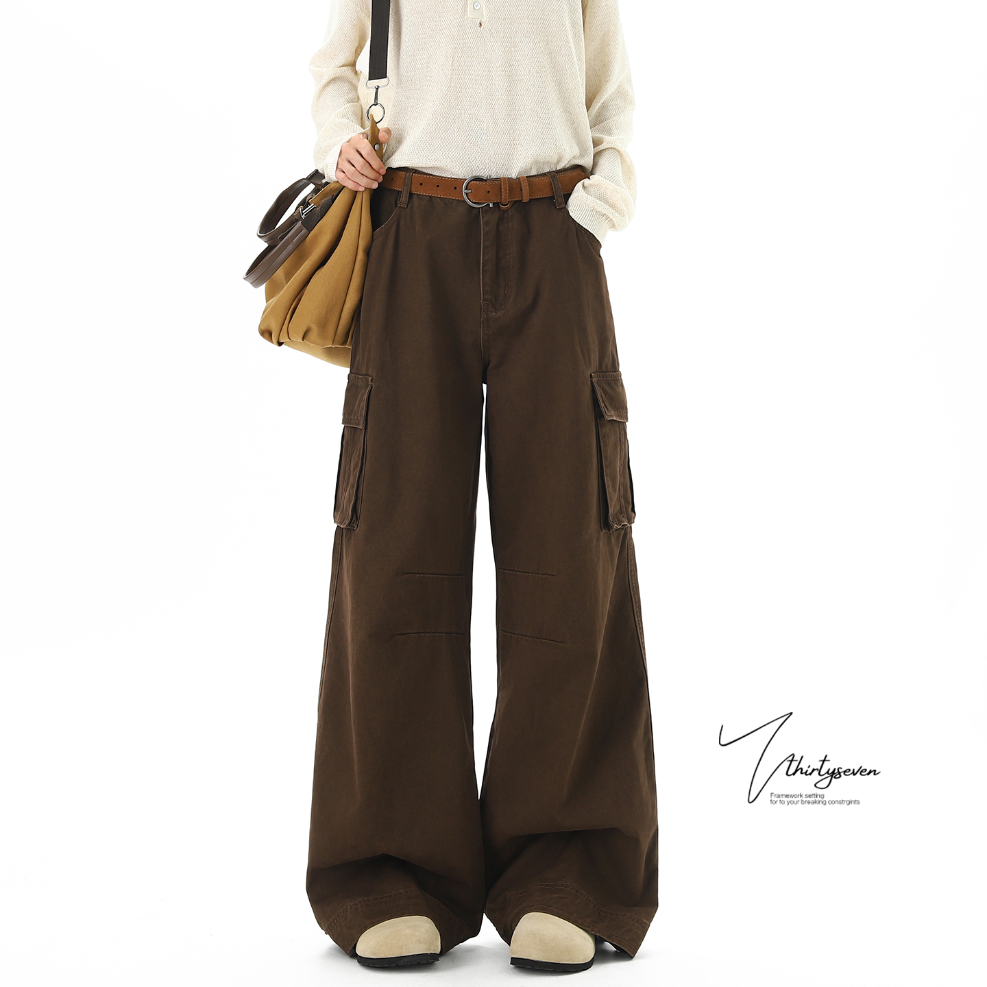 美拉德复古棕色阔腿工装裤男