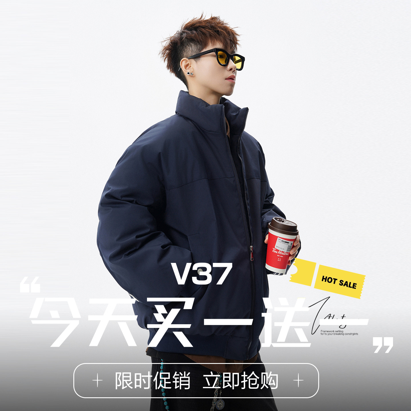 V37美式设计感立领加厚棉衣