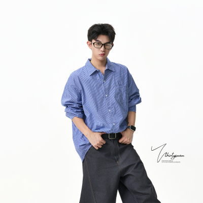 美式cleanfit蓝格子长袖衬衫男
