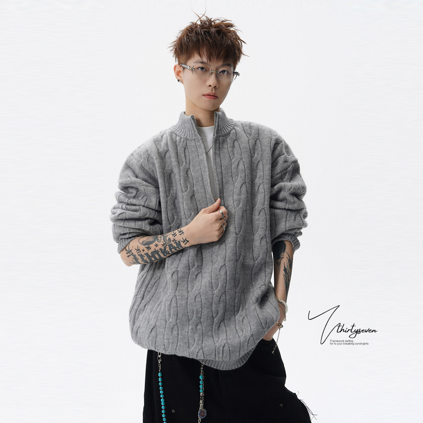 V37美式慵懒风半拉链立领麻花针织衫男冬灰色半开襟休闲百搭毛衣