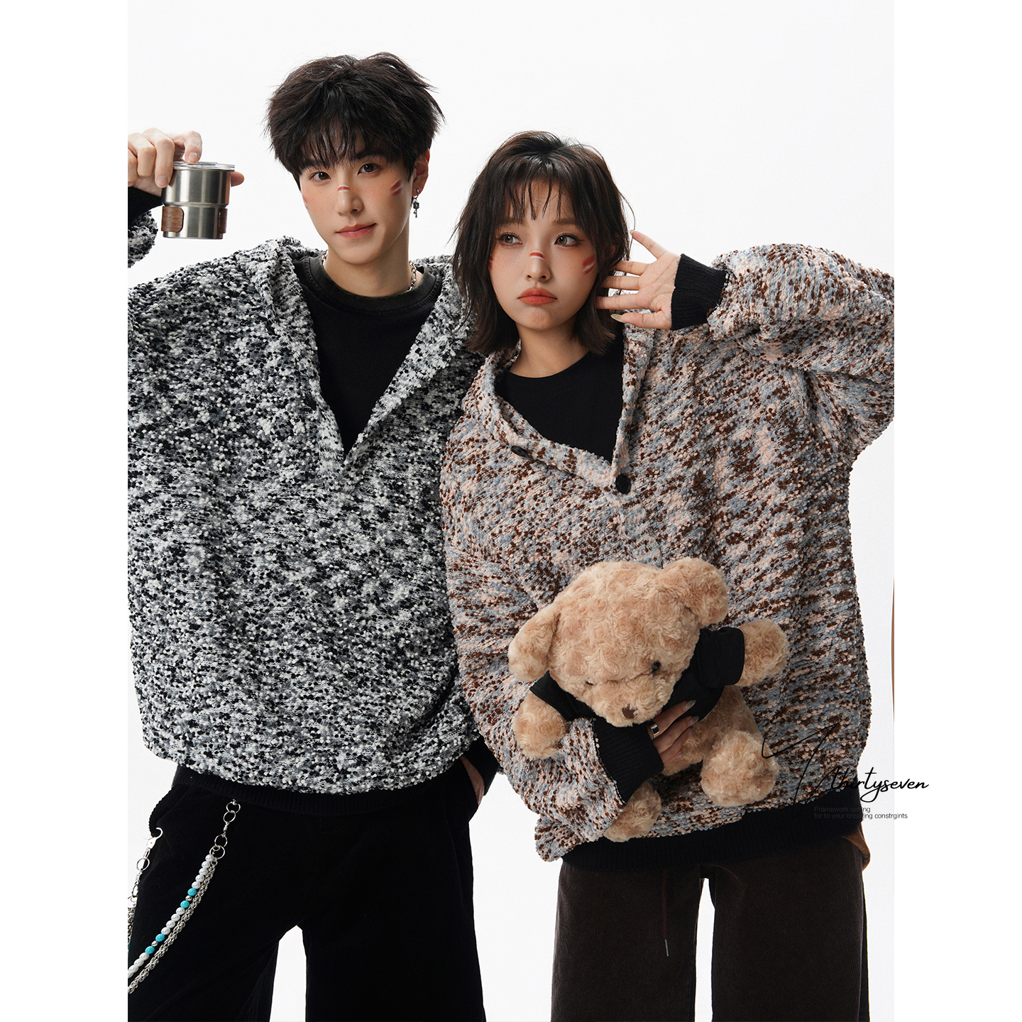 美式复古混色半开襟V领卫衣男