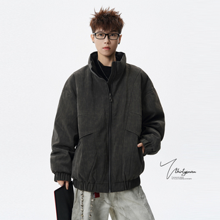 V37深灰色复古立领羽绒服夹克男冬季美式设计感拼接保暖工装外套