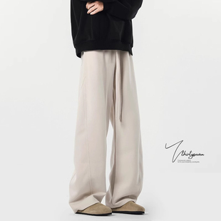 青少年运动裤 男秋高街宽松加绒阔腿长裤 子 卡其色糯米卫裤 V37美式