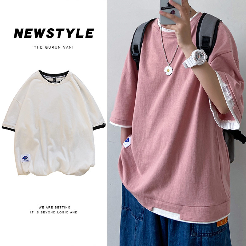 夏季短袖t恤男韩版潮流宽松休闲五分袖港风帅气bf百搭半袖上衣5分