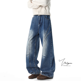 V37高街复古蓝立体解构剪裁牛仔裤男冬美式水洗做旧宽松阔腿裤子