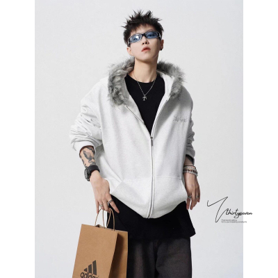 重磅刺绣毛领开衫卫衣