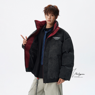 美式潮牌字母印花立领皮棉衣男