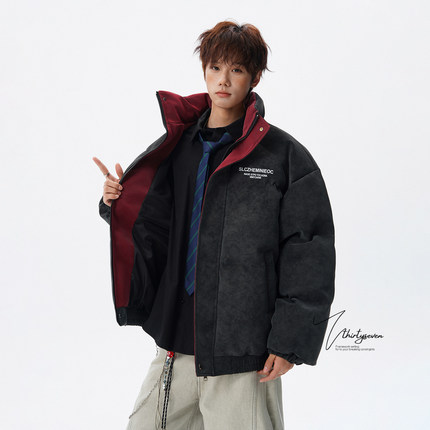 V37美式潮牌字母印花立领皮棉衣男冬季高街撞色内里加厚棉服外套