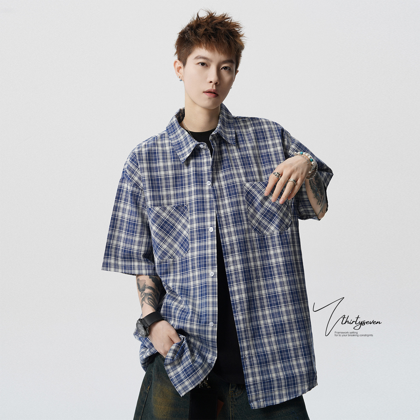 日系蓝色格子短袖衬衫男