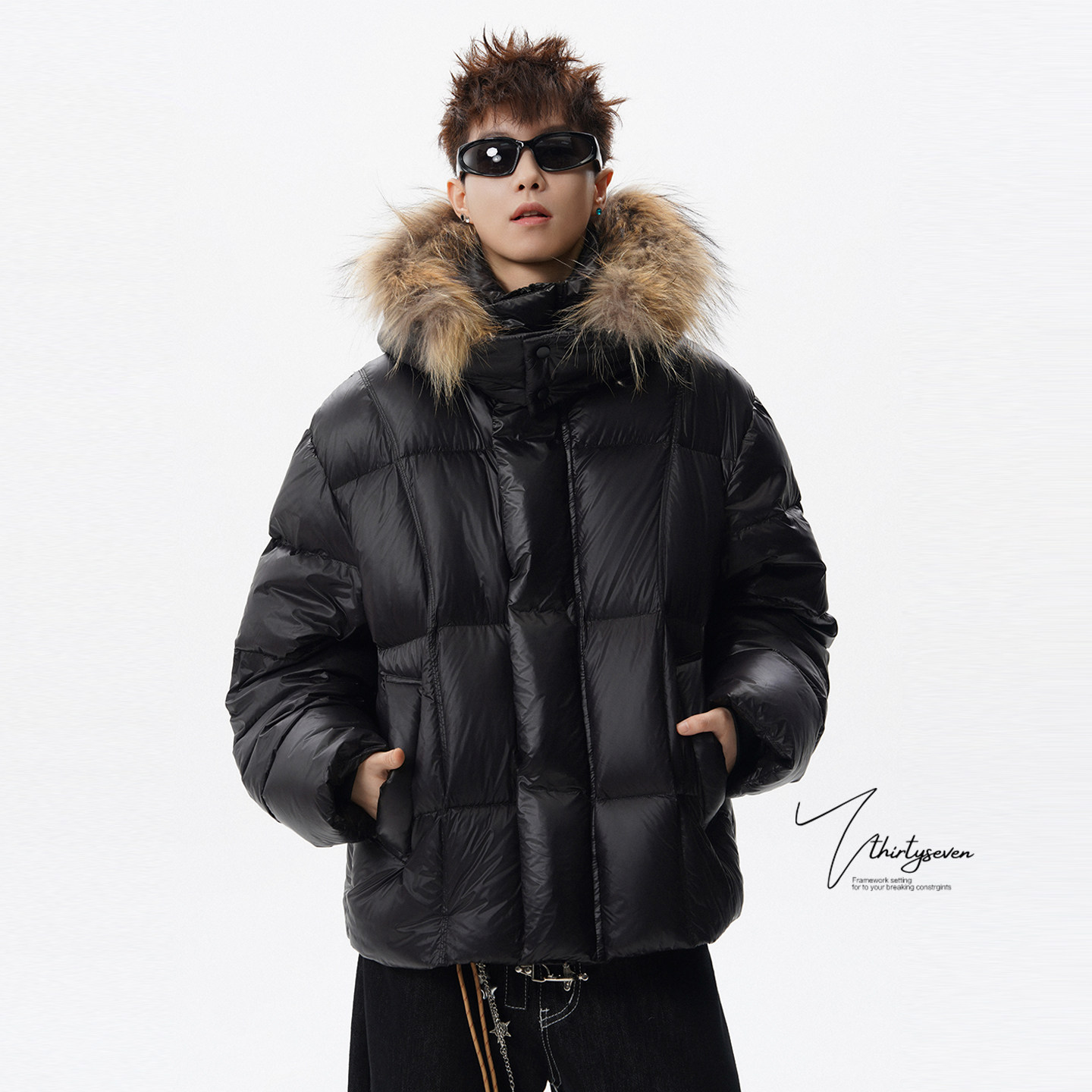 高级感重磅毛领子连帽羽绒服男