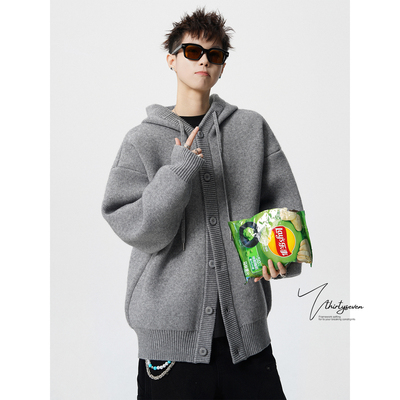 美式潮牌连帽针织开衫毛衣男款