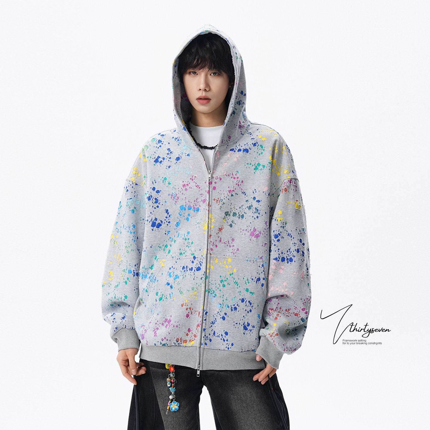 V37美式潮流运动连帽卫衣男秋季彩色涂鸦设计感情侣休闲开衫外套