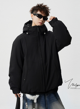 V37美式潮牌机能风连帽羽绒服男冬高街黑色宽松休闲加厚保暖外套