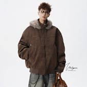 V37高街vintage咖色毛领皮棉服外套男冬季 氛围感保暖连帽棉衣 美式