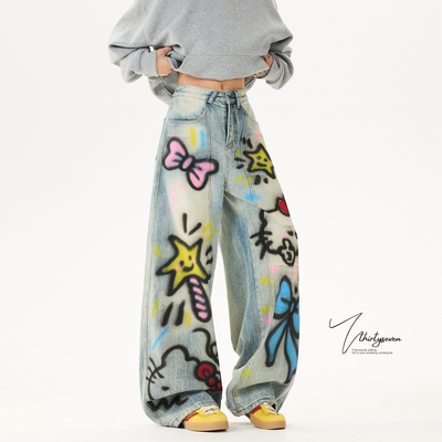 美式创意涂鸦牛仔裤男秋