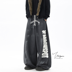 子 男冬潮牌宽松廓形脏脏街舞裤 V37美式 街头做旧字母印花弯刀卫裤