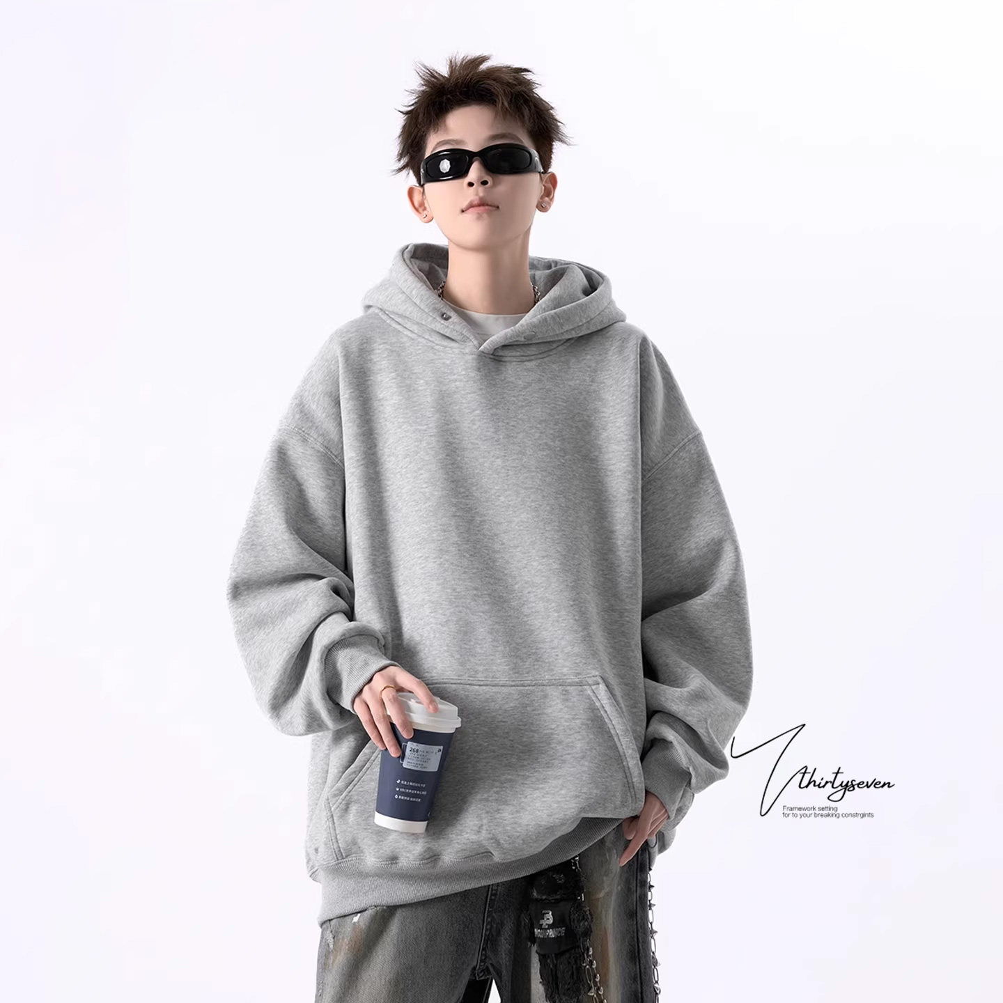 V37美式重磅复古灰色连帽卫衣男款春季潮牌街头宽松运动帽衫外套
