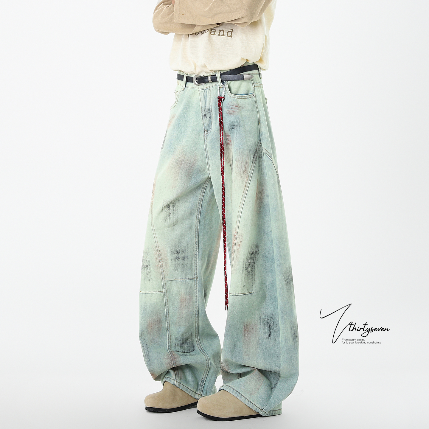 V37美式高街脏染弯刀牛仔裤
