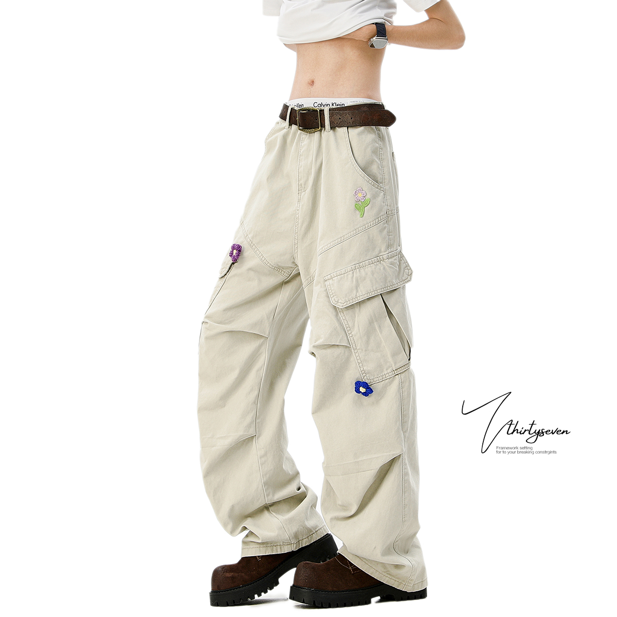 V37杏色工装裤子男款春季新