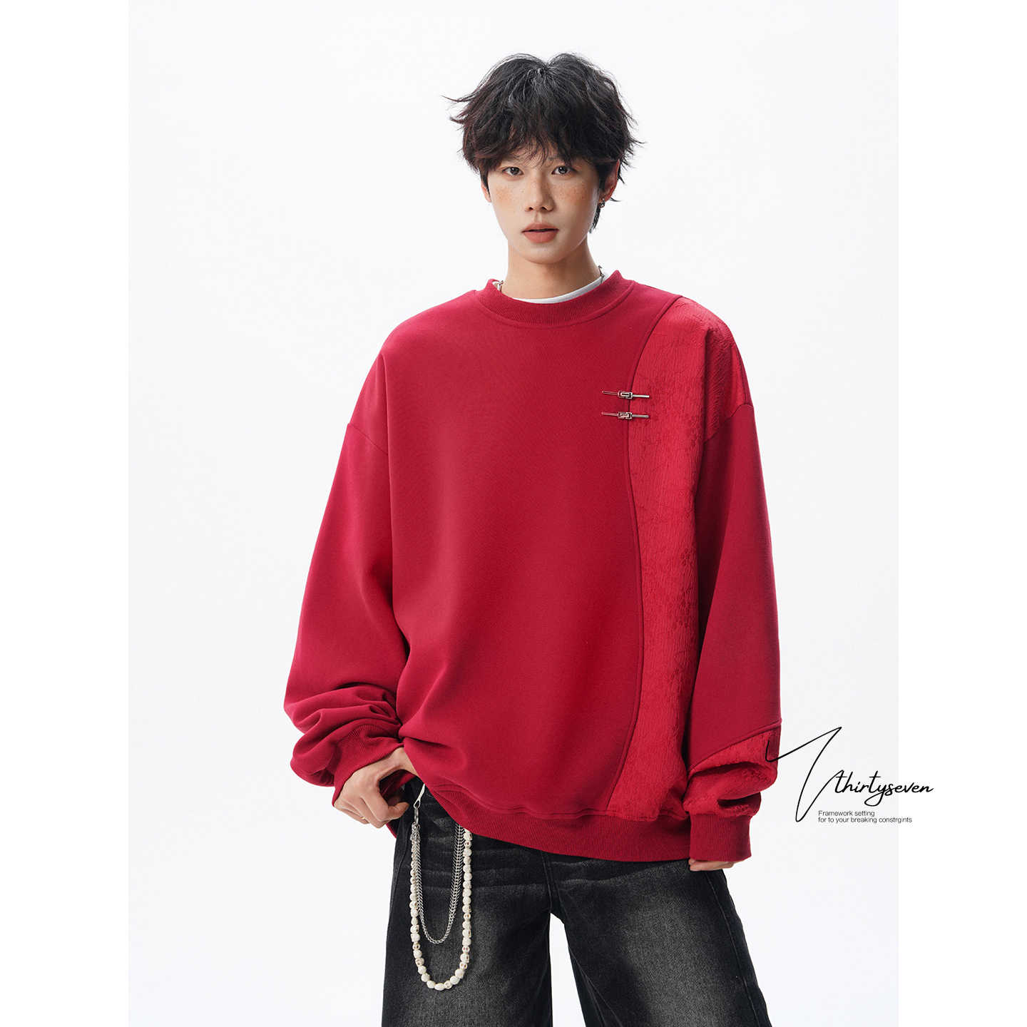 V37新中式圆领无帽卫衣男秋季重磅高级感长袖T恤金属盘扣慵懒外套