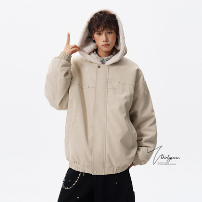 美式重磅复古扎染PU皮棉衣男