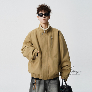 V37高街复古仿羊羔绒立领工装 潮牌廓形加厚棉衣外套 棉服男冬美式