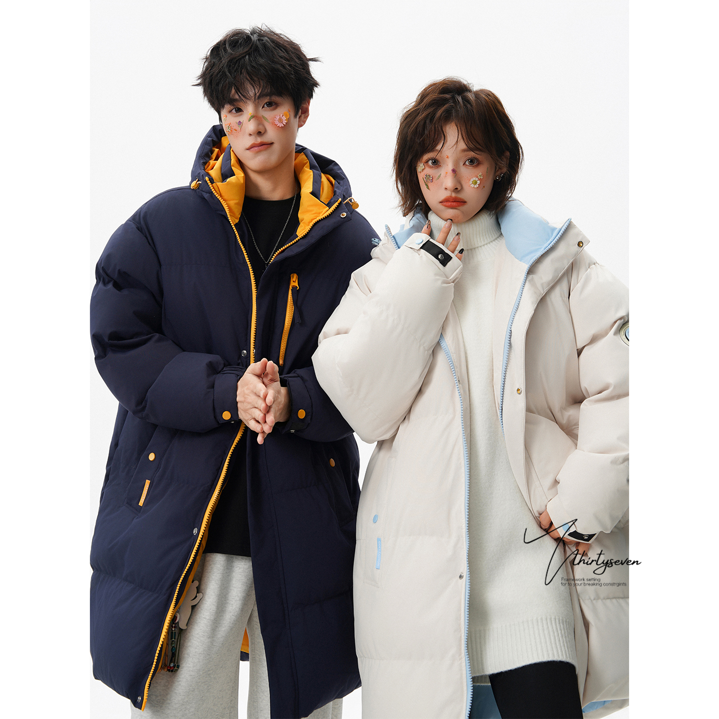 V37美式复古撞色中长款连帽棉衣男冬季潮牌宽松加厚保暖棉袄外套