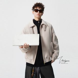 V37美式宽松廓形加厚毛呢外套男冬季高级感复古纯色短款夹克棉衣