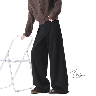 V37复古极简风黑色阔腿西裤 男秋冬cleanfit宽松休闲垂感通勤长裤