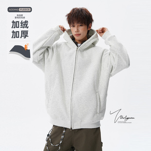 V37美式白花灰螺纹拼接连帽卫衣男冬季潮牌重磅加绒保暖开衫外套