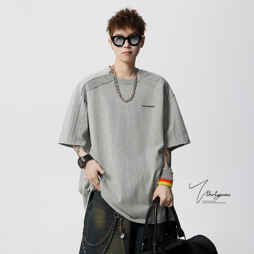美式解构拼接设计感短袖t恤男
