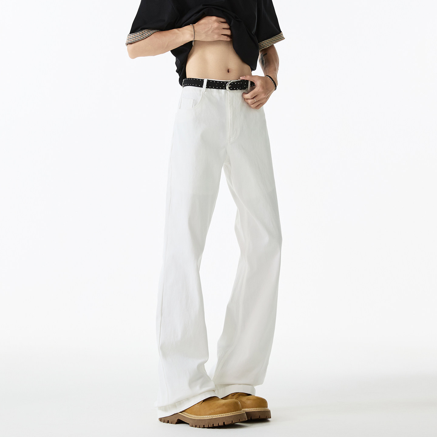 美式复古bootcut白色牛仔裤男