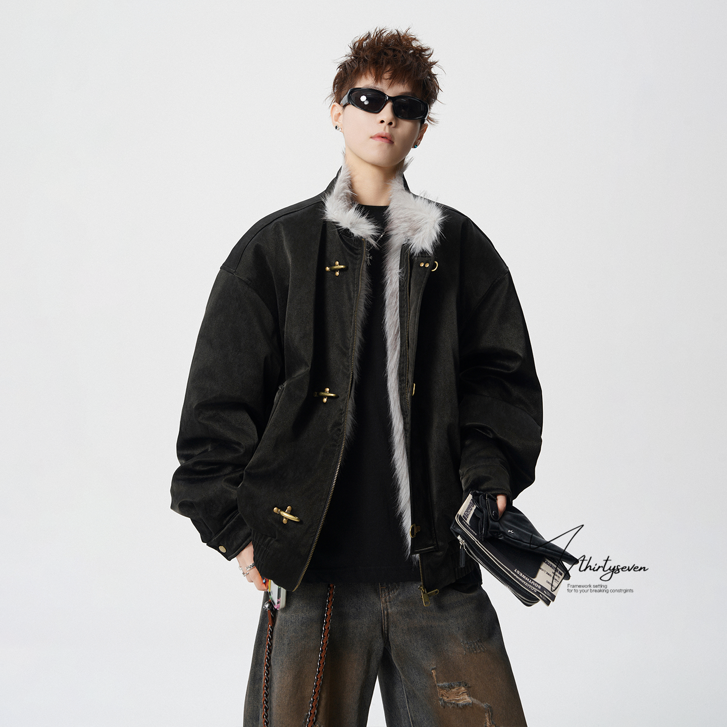 美式黑色毛领飞机扣设计棉衣男冬