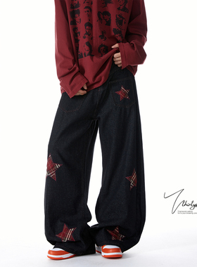 V37美式格子星星贴布绣牛仔弯刀裤男潮牌hiphop高街宽松休闲裤子