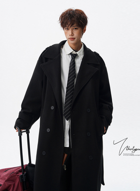 V37复古高级感黑色毛呢大衣男秋冬季中长款双排扣西装领通勤风衣