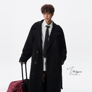 领通勤风衣 双排扣西装 V37复古高级感黑色毛呢大衣男秋冬季 中长款