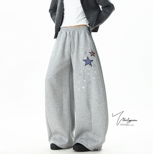 潮牌设计感弯刀街舞裤 男冬季 子 hiphop星星贴布绣拖地卫裤 V37美式