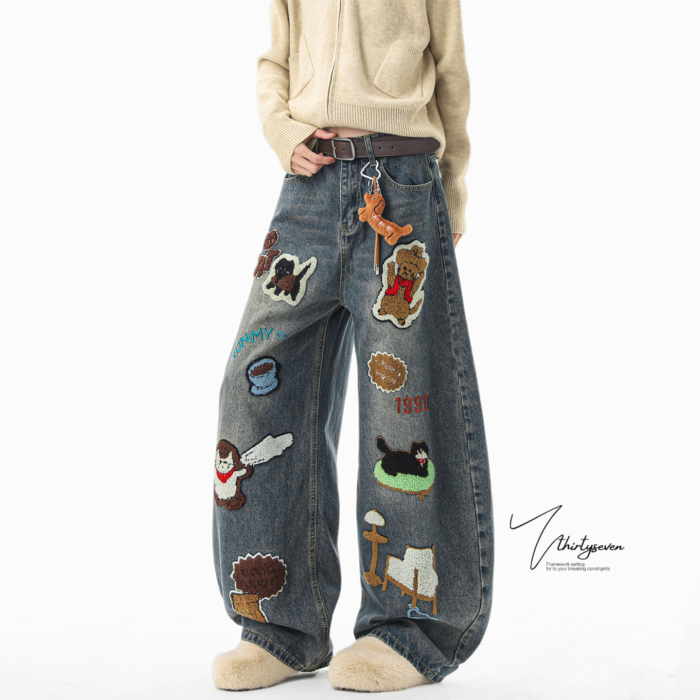 美式高街挂件设计解构牛仔裤男