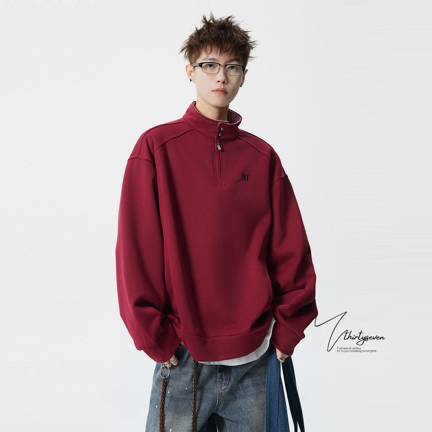 美式红色半拉链格纹立领卫衣男冬