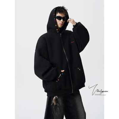 V37美式复古字母刺绣连帽卫衣