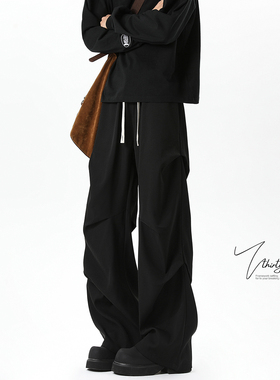 V37设计感褶皱黑色显瘦工装裤子男春美式高街直筒宽松阔腿休闲裤